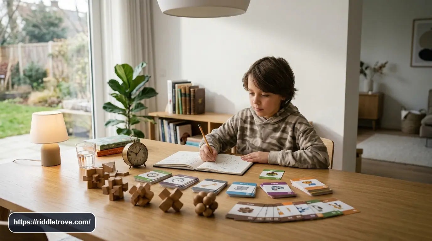 11-year-old concentrating on a difficult riddle challenge with puzzle clues