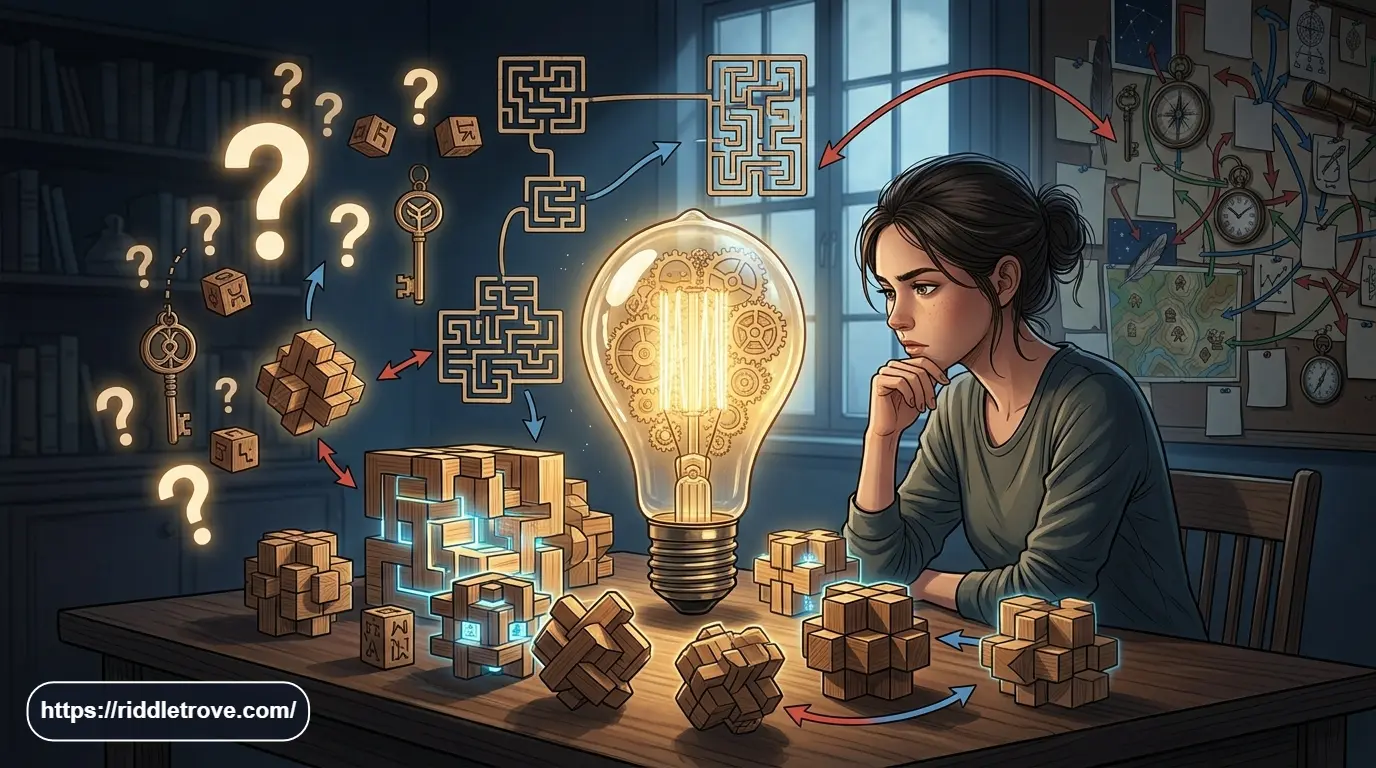 Hard short riddles with challenging puzzles, question marks, and a thinking person