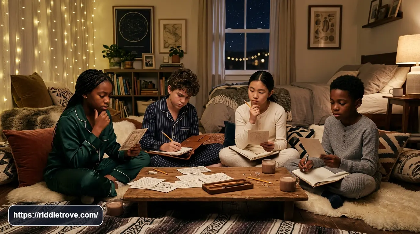 Kids thinking carefully while solving hard riddles during a sleepover