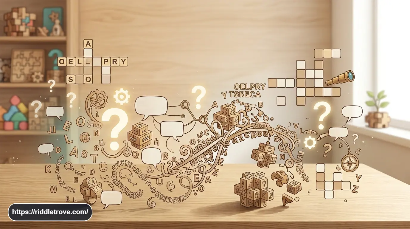 Hard wordplay riddles with scrambled letters, crossword tiles, and puzzle symbols