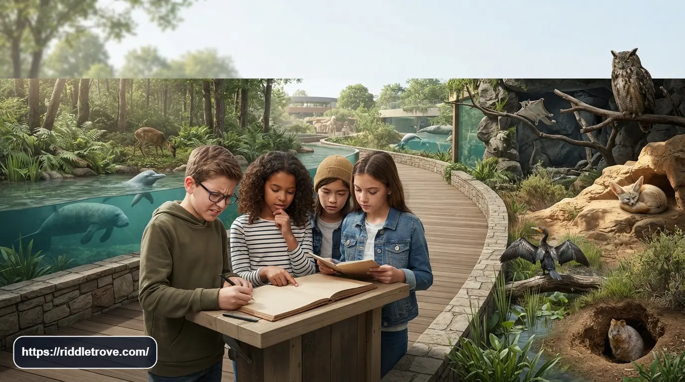 Kids concentrating on challenging animal riddles in a zoo setting

