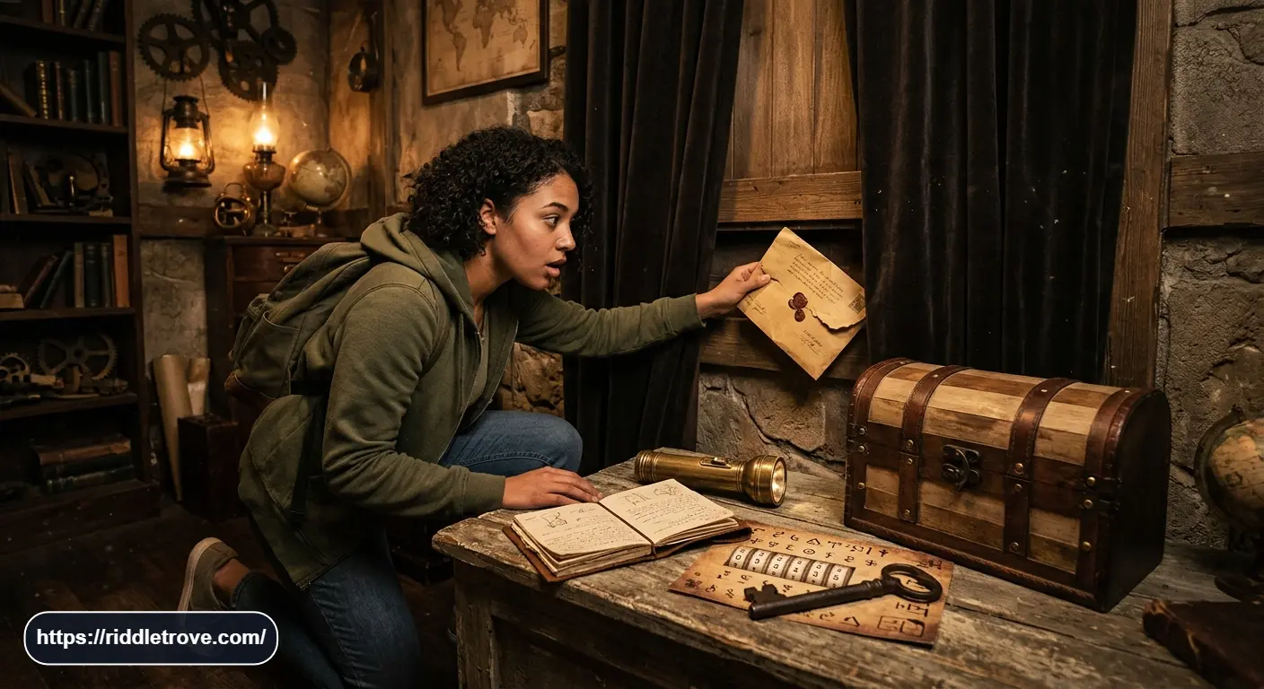 Hidden objects and clue cards arranged inside a mysterious escape room