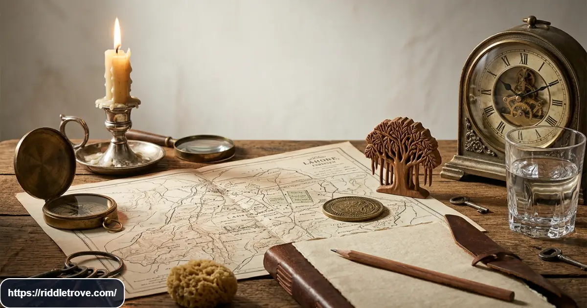 Clock, map, coin, candle, shadow, sponge, and pencil arranged as hard riddles
