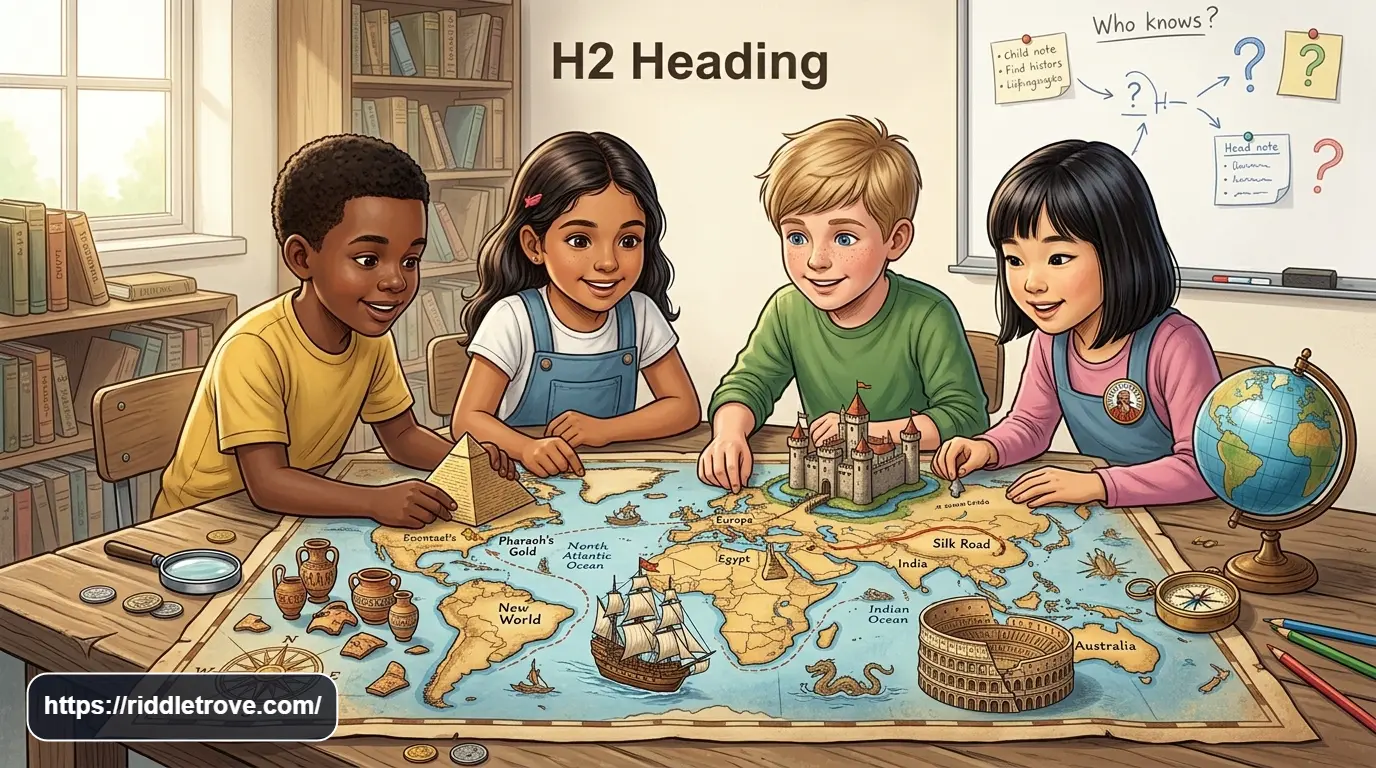 Children exploring world history through famous landmarks, maps, artifacts, and historical clues