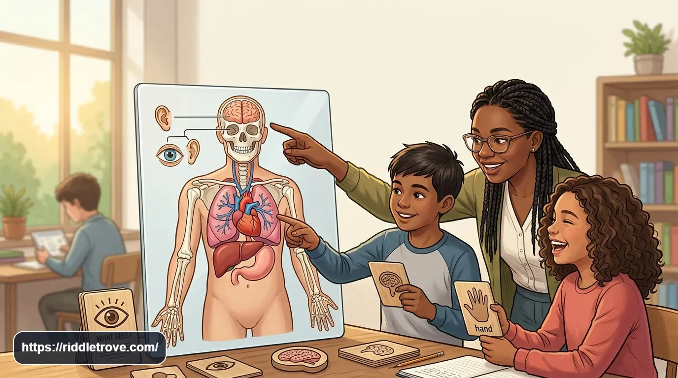 Kids solving human body riddles about anatomy and body parts