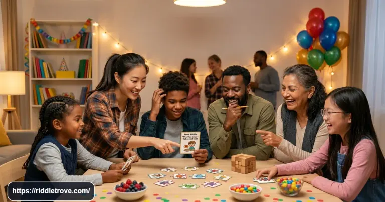 Group of friends solving icebreaker riddles together during a fun game