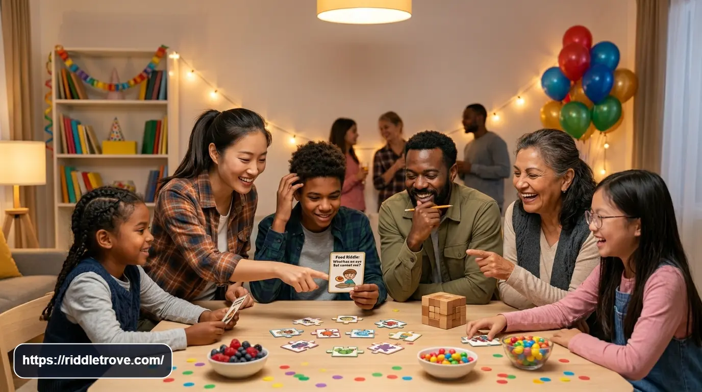Group of friends solving icebreaker riddles together during a fun game