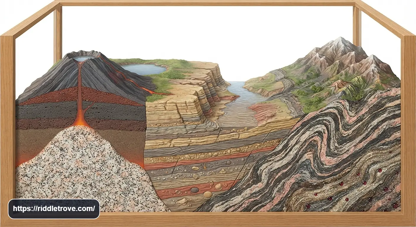 Igneous, sedimentary, and metamorphic rocks shown in an educational geology scene