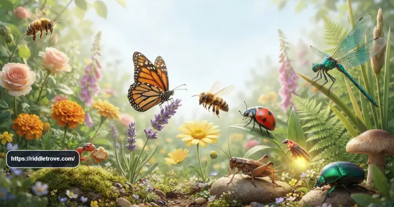 Colorful insects surrounding a collection of insect riddles