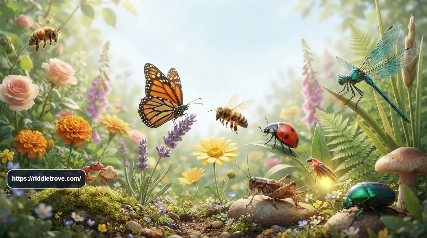 Colorful insects surrounding a collection of insect riddles