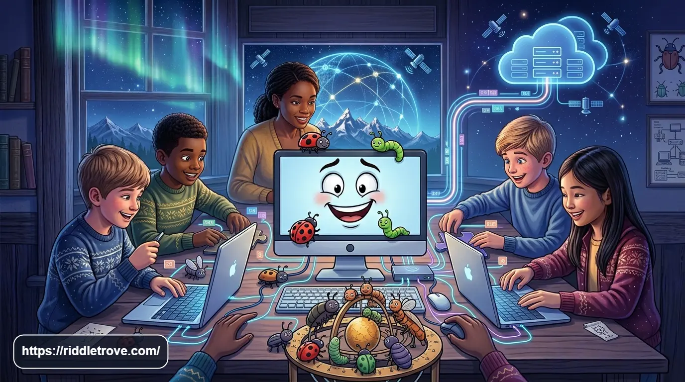 Connected computers, a router, and cloud servers illustrating internet and networking riddles.