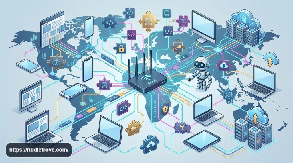 Internet and Wi-Fi riddles featuring routers, websites, data, and networks