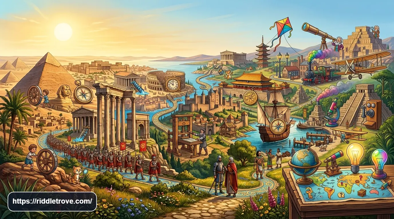 Historical inventions and scientific discoveries including the wheel, printing press, telescope, light bulb, and airplane