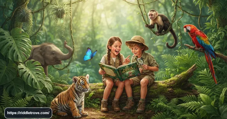 Kids solving jungle riddles surrounded by colorful rainforest animals