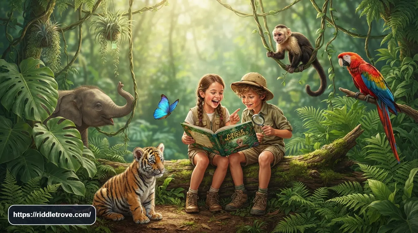 Kids solving jungle riddles surrounded by colorful rainforest animals