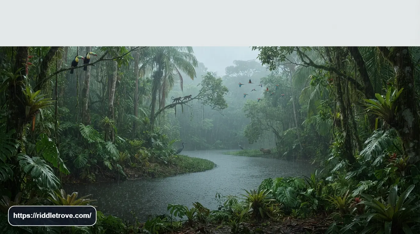 Rain wind river and animals creating a lively jungle environment