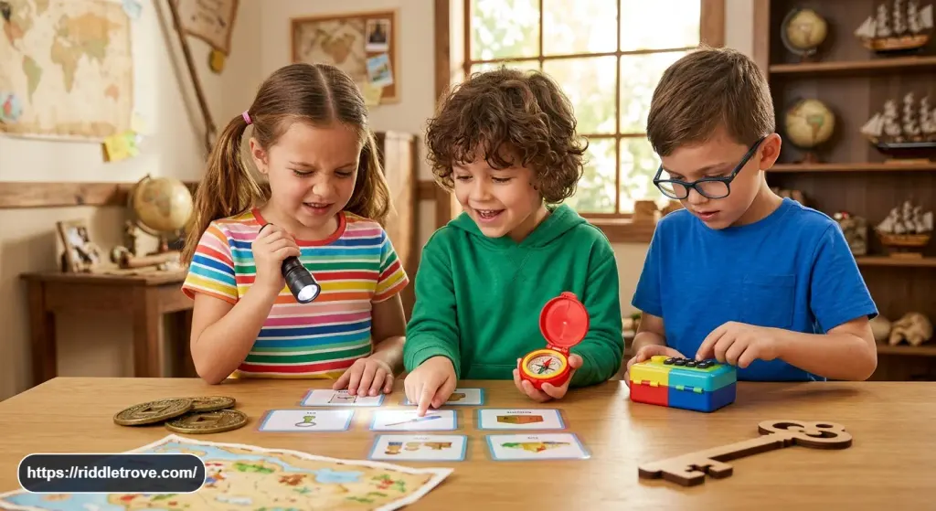 Kids solving easy escape room riddles with colorful clues and puzzle props