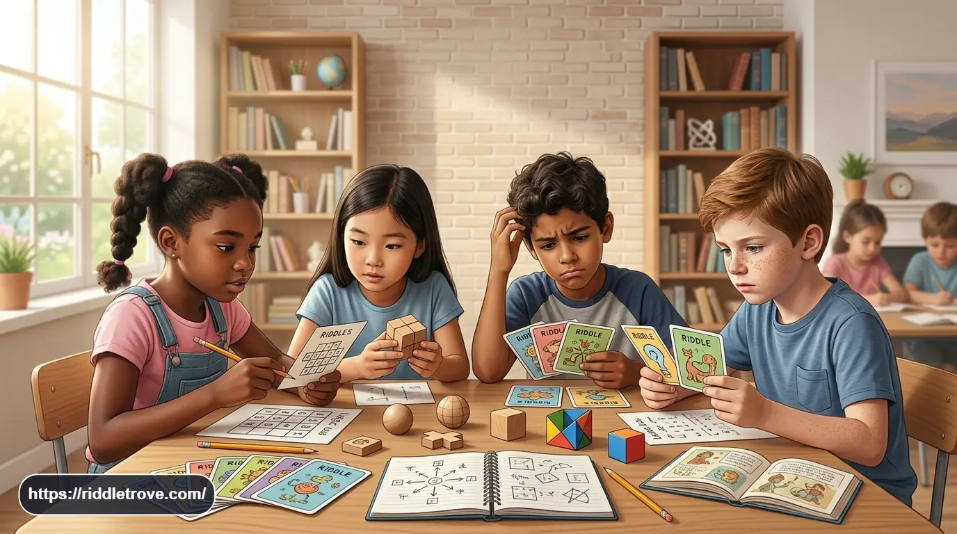 Kids solving medium riddles together with colorful puzzle cards