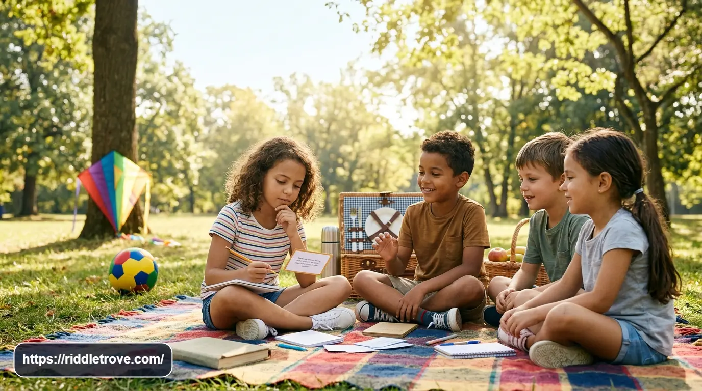 Children sitting on a picnic blanket and thinking through easy riddles during a family reunion.