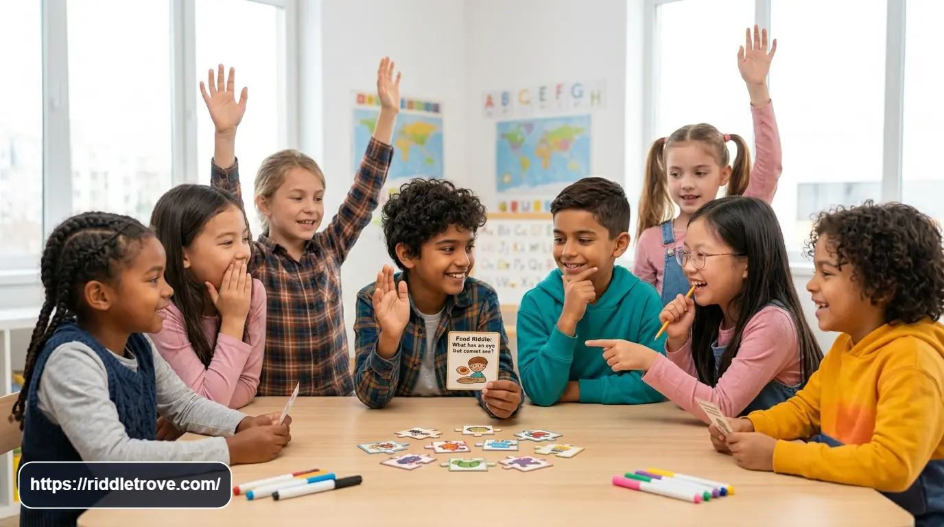 Children solving simple icebreaker riddles together during a fun group activity

