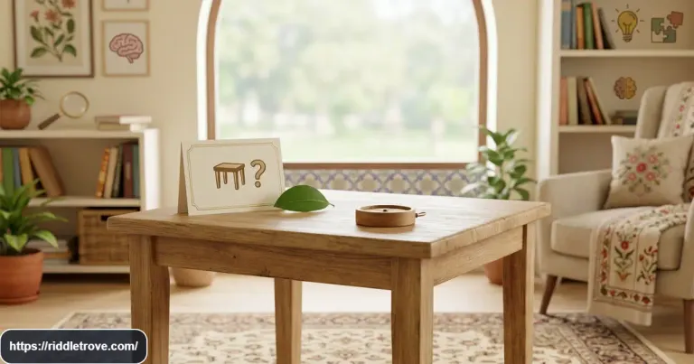 Table with four legs beside a riddle card asking what has legs but can't walk