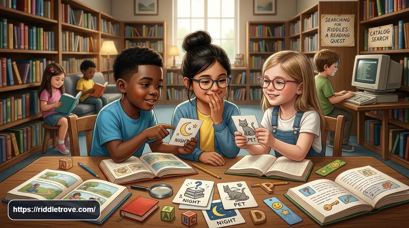 Children solving reading riddles among bookshelves in a library