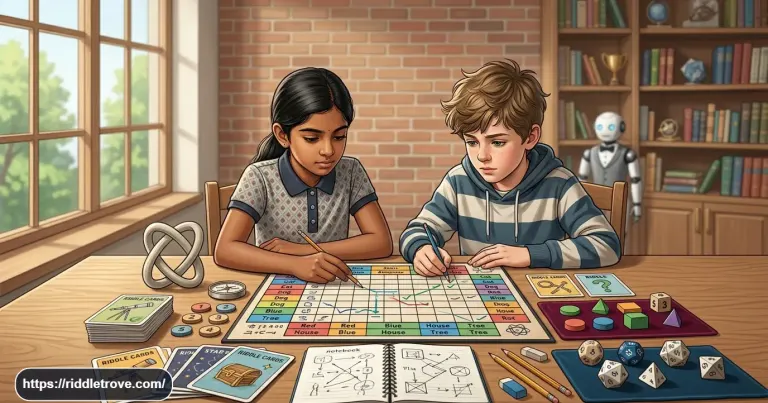 Kids solving logic grid puzzles with clues and answers at a table