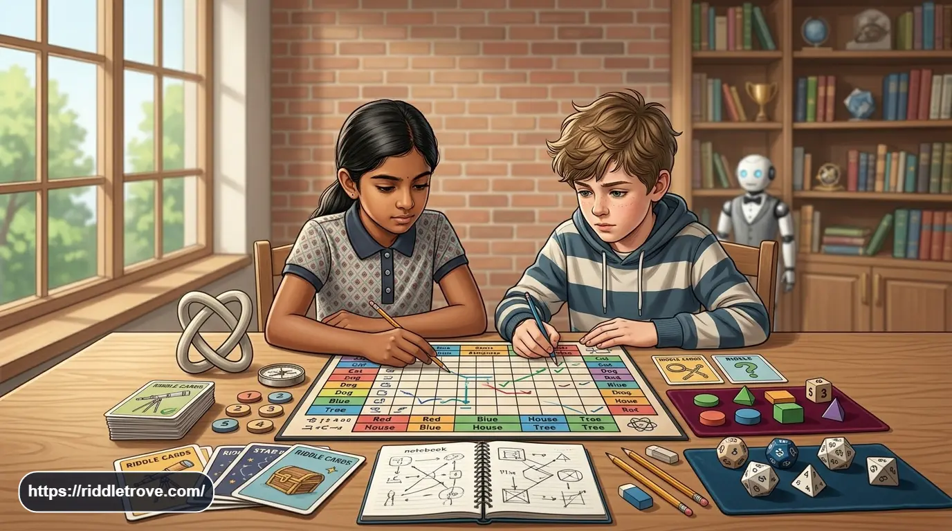 Kids solving logic grid puzzles with clues and answers at a table