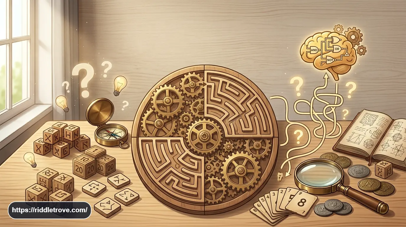 Logic riddles with puzzles, maze clues, gears, and brain-teasing symbols