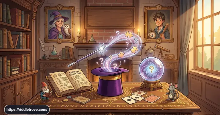 Magician's hat, wand, cards, and magical riddles for puzzle fans