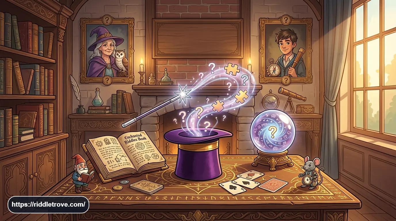 Magician's hat, wand, cards, and magical riddles for puzzle fans