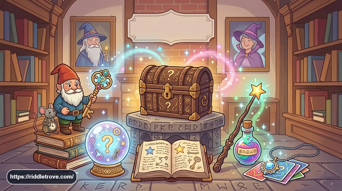 Magical object riddles featuring an enchanted wand, crystal ball, spellbook, and magic key