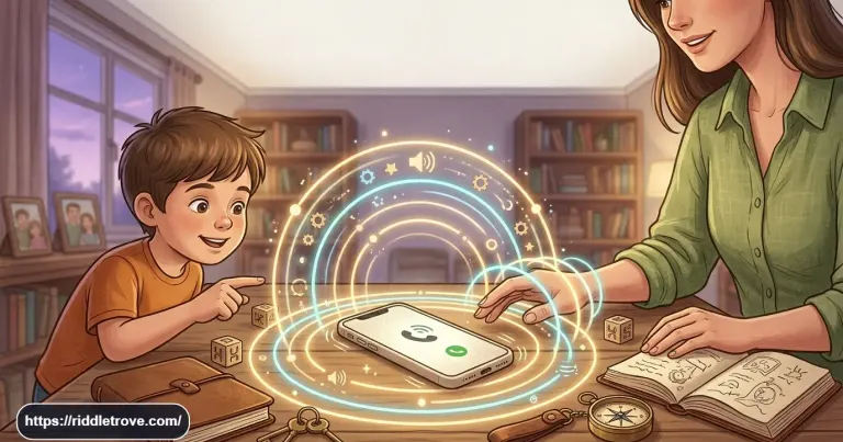 Telephone ringing beside colorful rings with a finger-free riddle theme