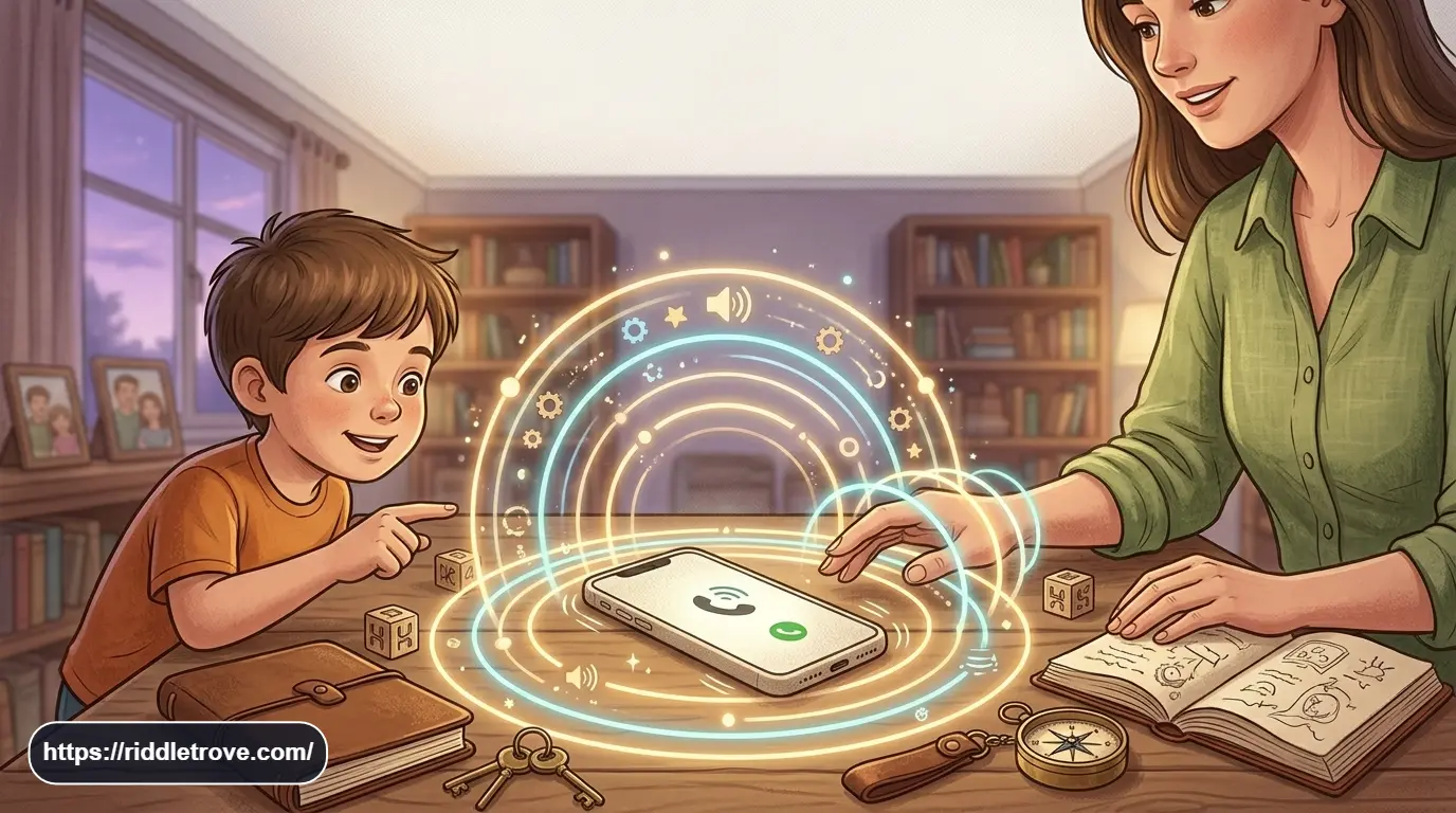 Telephone ringing beside colorful rings with a finger-free riddle theme