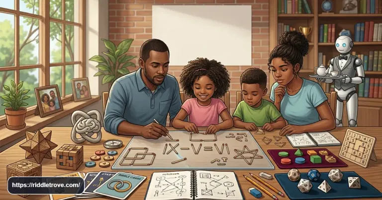 Children solving colorful matchstick riddles with puzzle shapes on a table