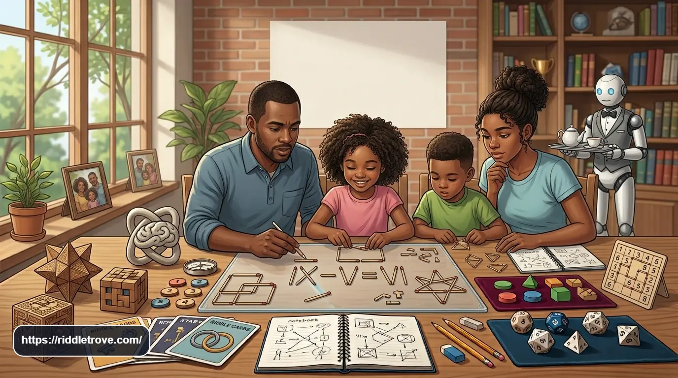 Children solving colorful matchstick riddles with puzzle shapes on a table