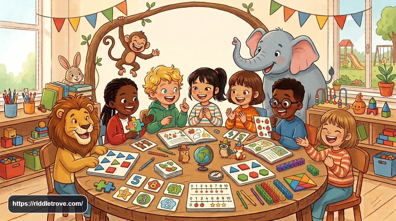 Math and logic riddles for 8 year olds with children solving number puzzles