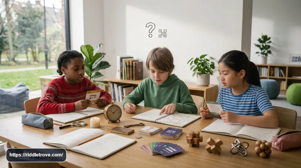 Twelve-year-olds solving clever number riddles with notebooks and puzzles