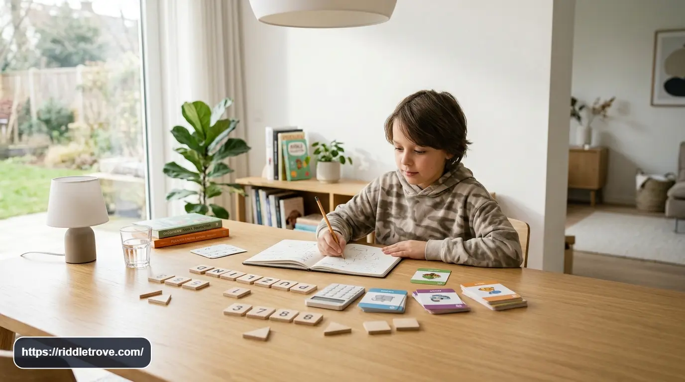 11-year-old solving number riddles with cards, notebook, and calculator
