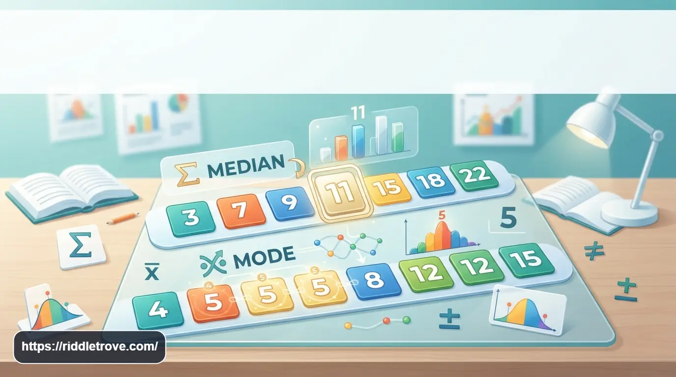 Median and mode riddles with numbers, statistics charts, and highlighted data values