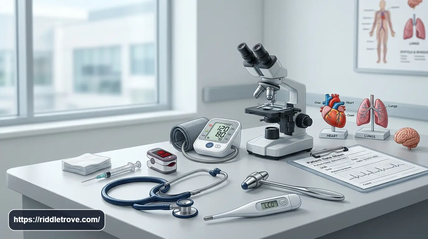 Stethoscope, thermometer, microscope, syringe, and medical equipment for riddles