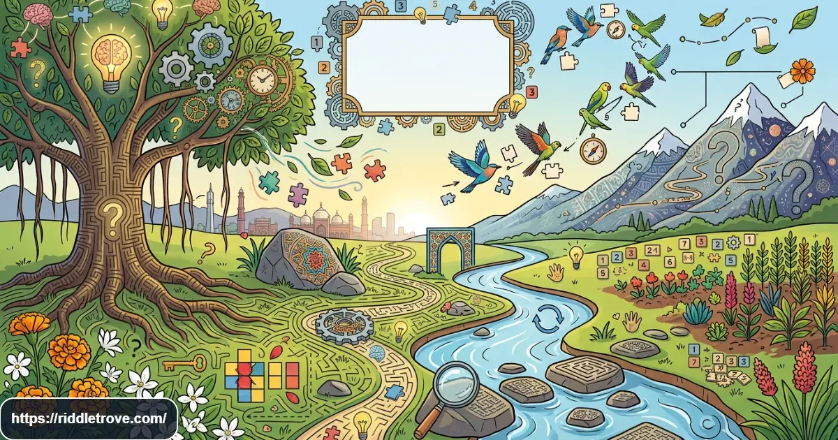 Medium brain teasers with puzzles, numbers, gears, maze, and question marks