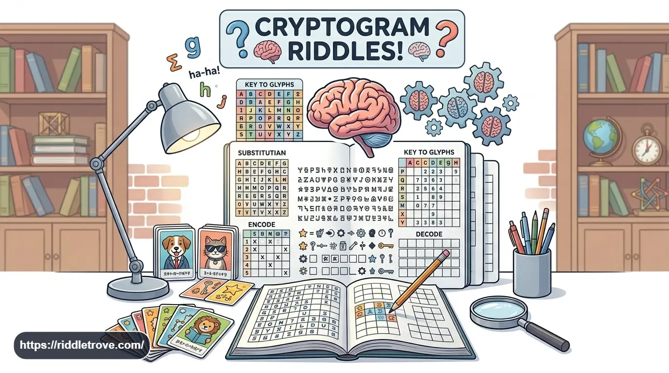 Medium cryptogram riddles with coded letters, puzzle clues, and a pencil.