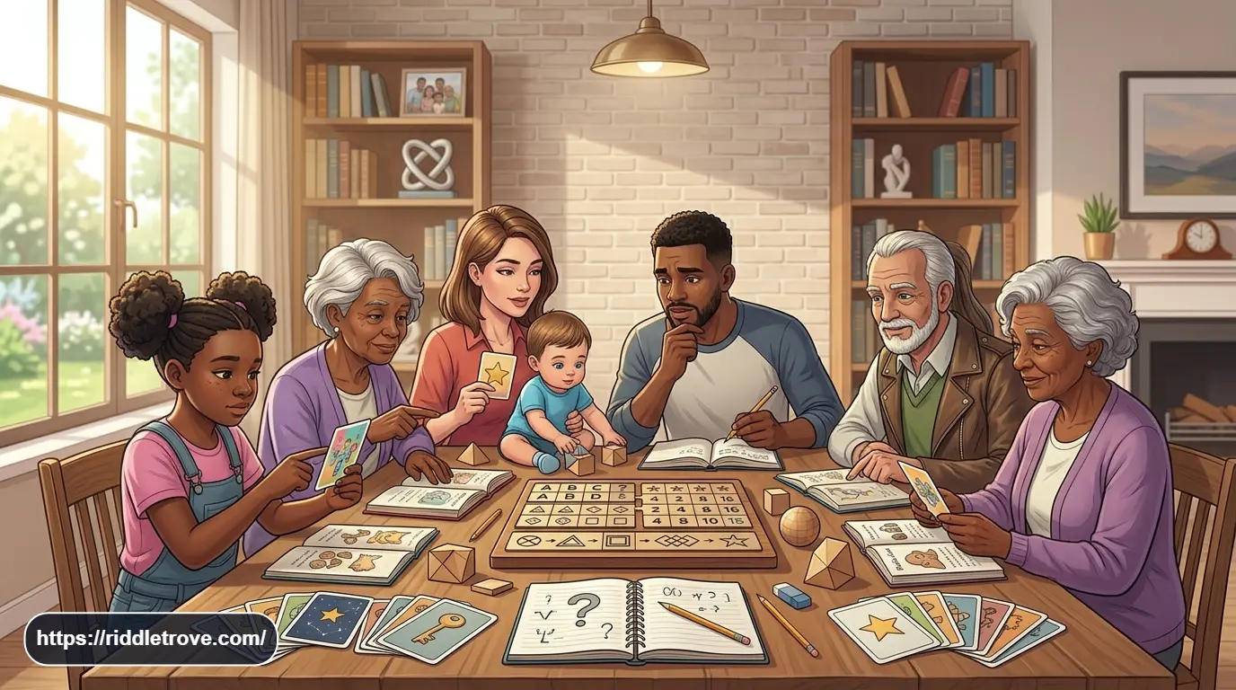 Person solving medium riddles with answers at a colorful puzzle table