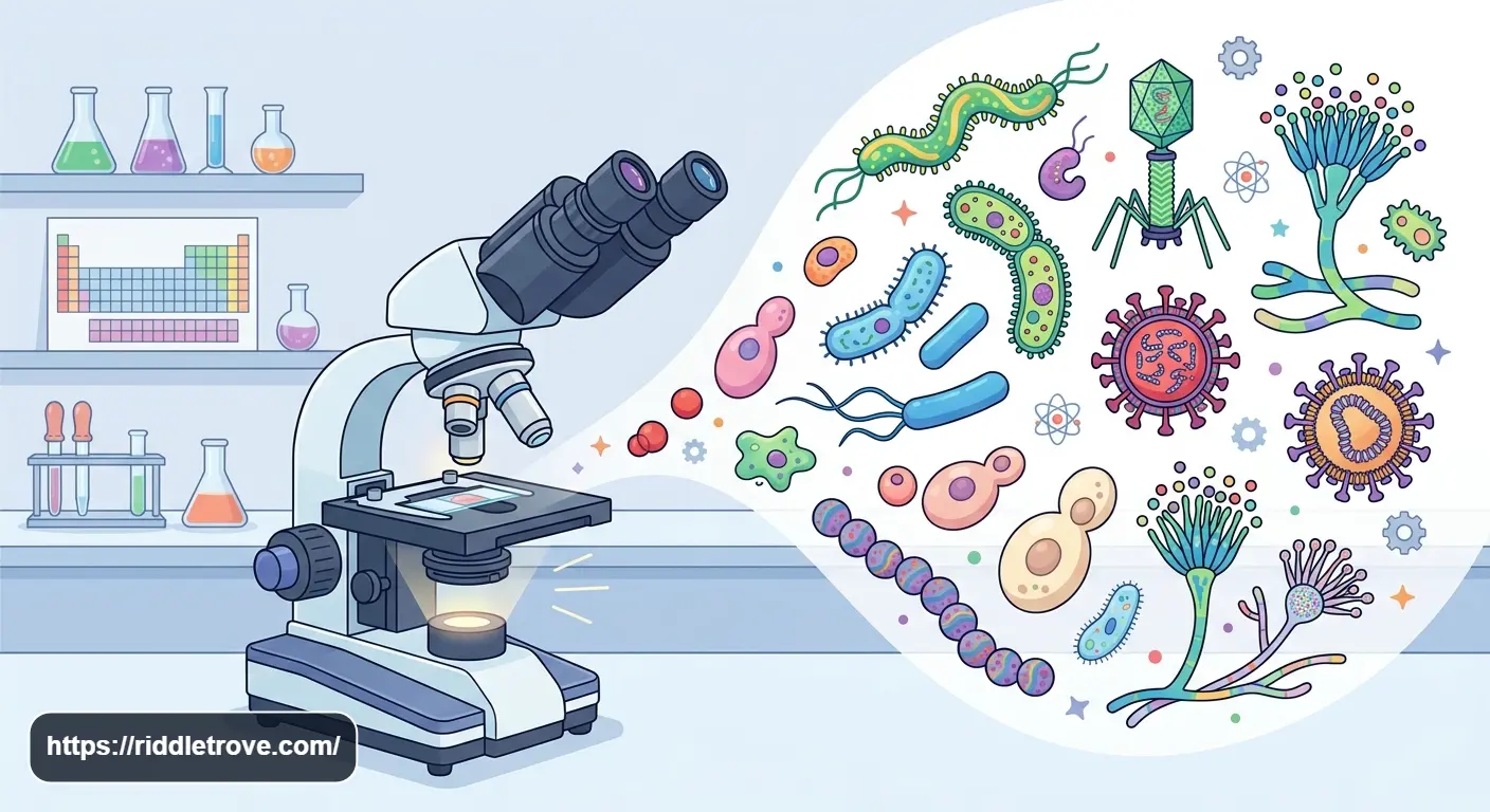 Microbiology riddles featuring bacteria, viruses, fungi, and other microscopic organisms