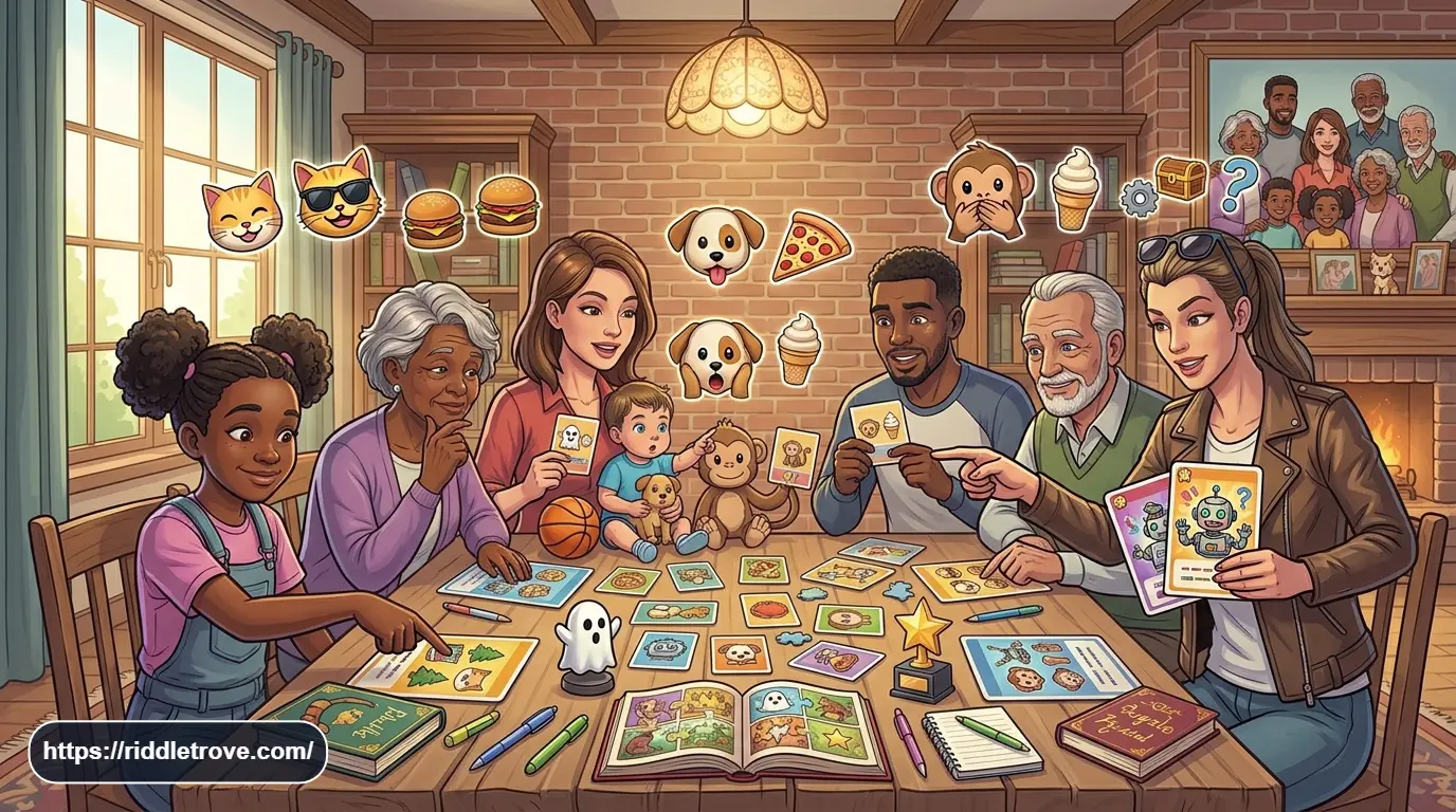 Family solving mixed emoji brain teasers together