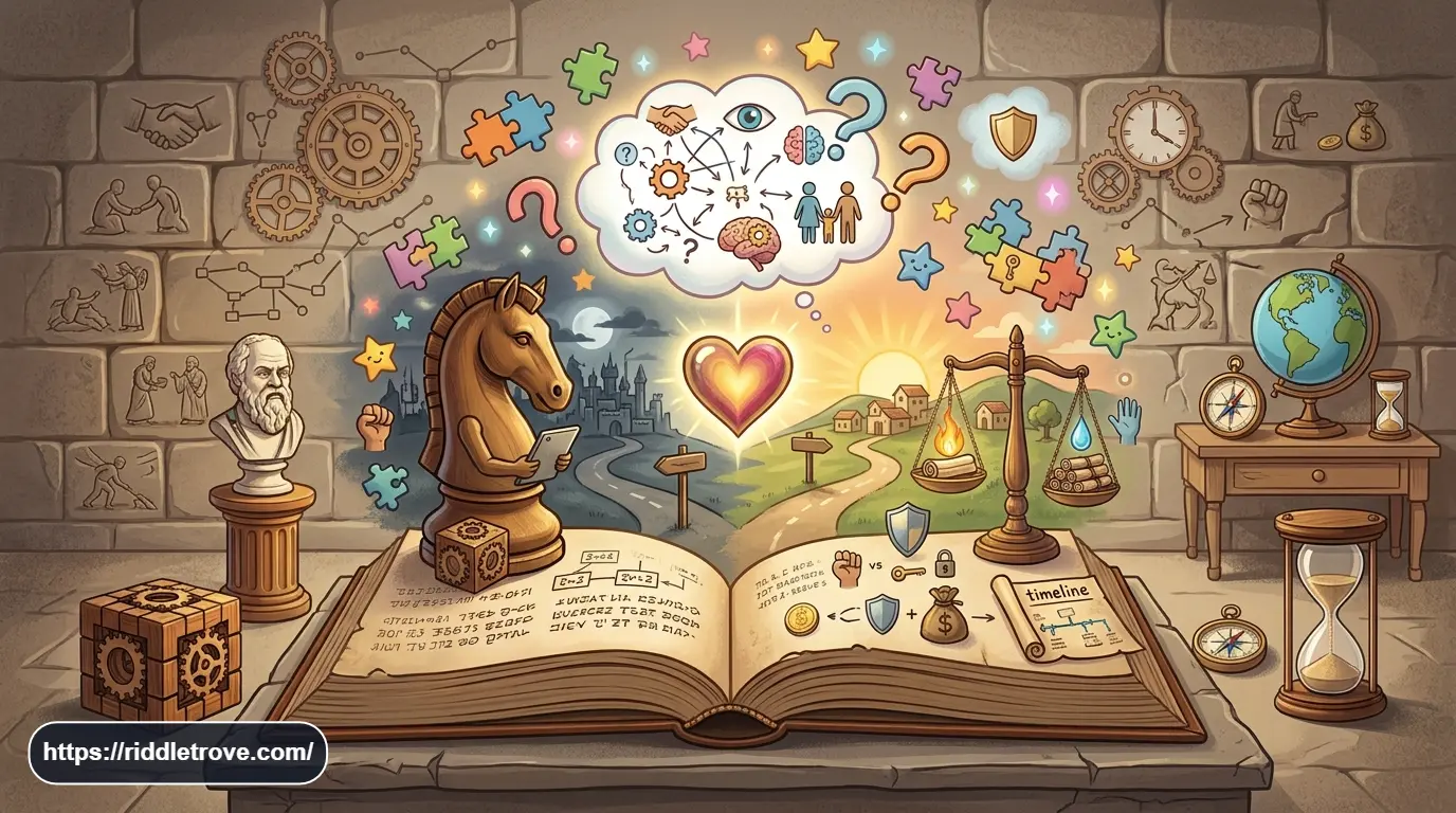 Moral and ethical riddles with balanced scales, choices, puzzle pieces, and symbolic paths