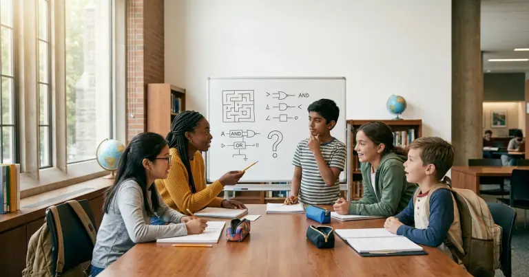 Students solving morning riddles together in a bright classroom