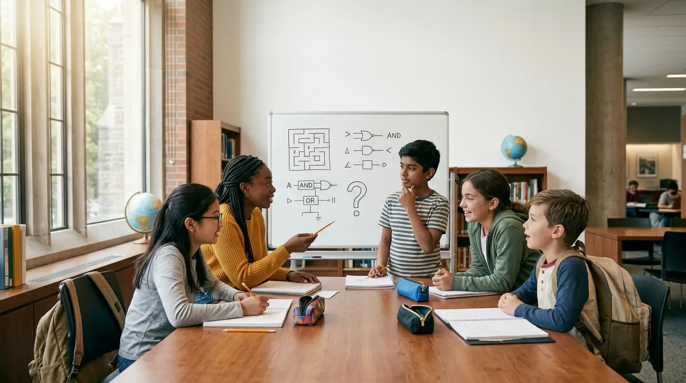 Students solving morning riddles together in a bright classroom