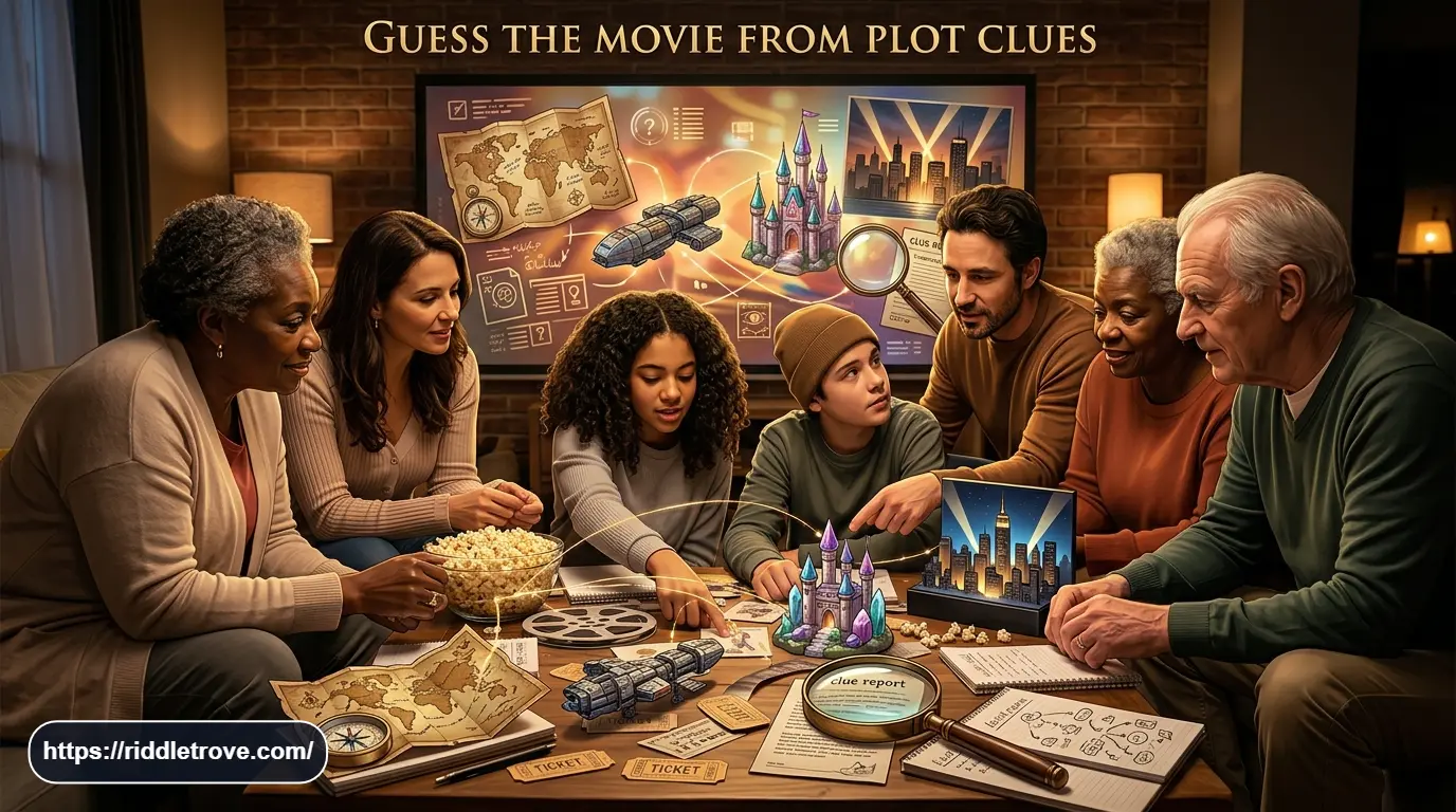 Movie plot clue riddles with cinematic objects, characters, and mystery-themed visuals